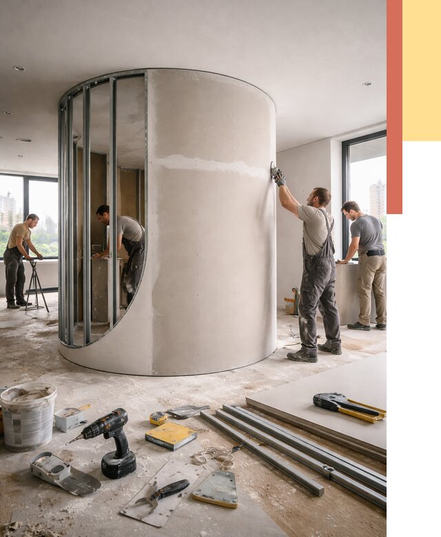 Радиусная перегородка из гипсокартона в Челябинске от 2990 руб. под ключ | ОТДЕЛОЧНИК-Члб