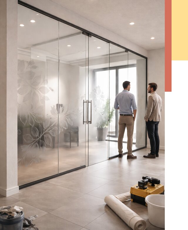 Стеклянные перегородки с рисунком в Челябинске от 12890 руб. монтаж и нанесение | ОТДЕЛОЧНИК-Члб