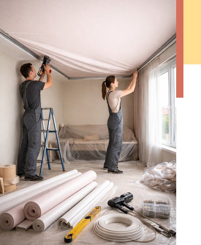 Монтаж цветного натяжного потолка в Челябинске от 4331 руб/м² — быстро и недорого | ОТДЕЛОЧНИК-Члб