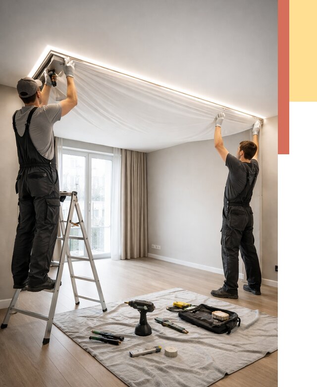 Монтаж парящего натяжного потолка в Челябинске от 4640 руб. быстро и недорого | ОТДЕЛОЧНИК-Члб