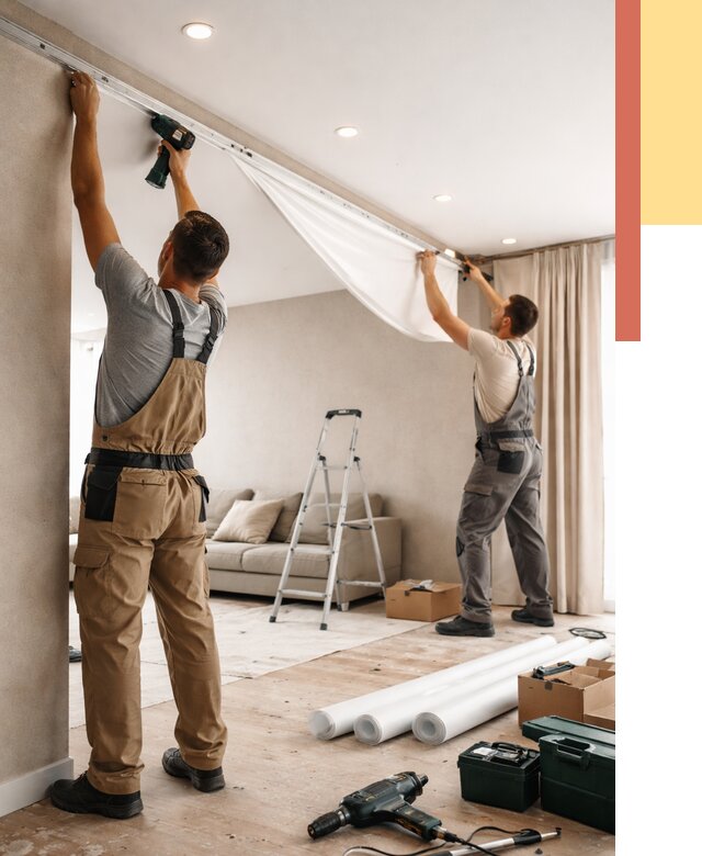 Монтаж натяжного потолка в гостиной в Челябинске от 567 руб. | ОТДЕЛОЧНИК-Члб