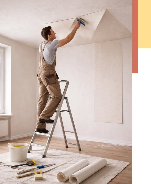 Поклейка обоев на потолок в Челябинске от 4640 руб. быстро и недорого | ОТДЕЛОЧНИК-Члб